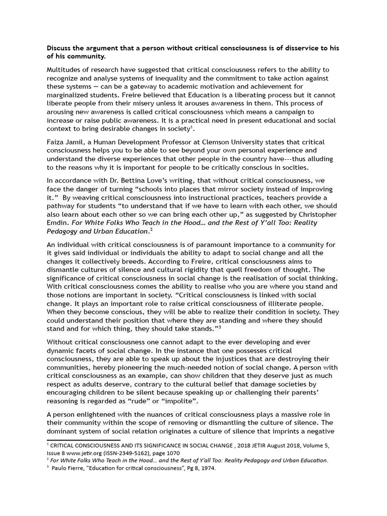 Critical Consciousness Assignment Pdf Consciousness Knowledge