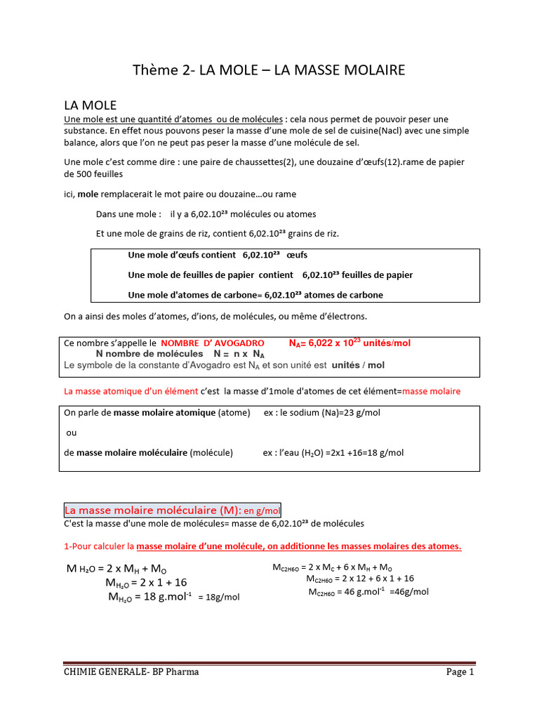 Masse Molaire et Calculs en Chimie PDF Mole (unité) Concentration — free download