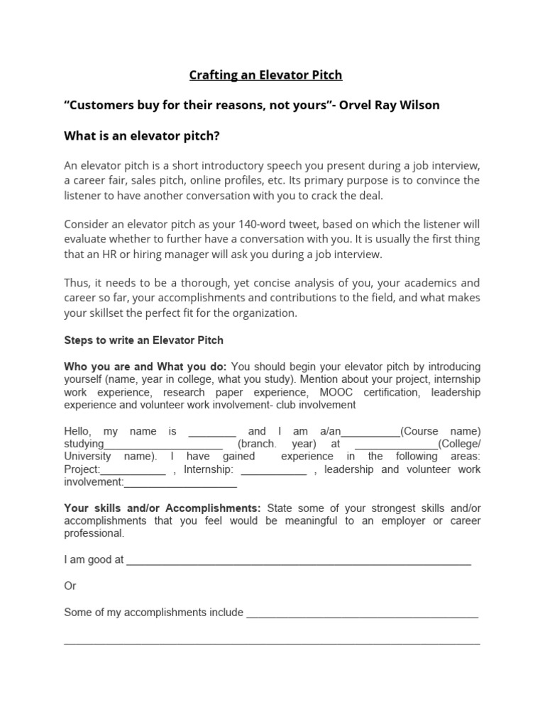 Elevator Pitch Worksheet Pdf Internship Job Hunting