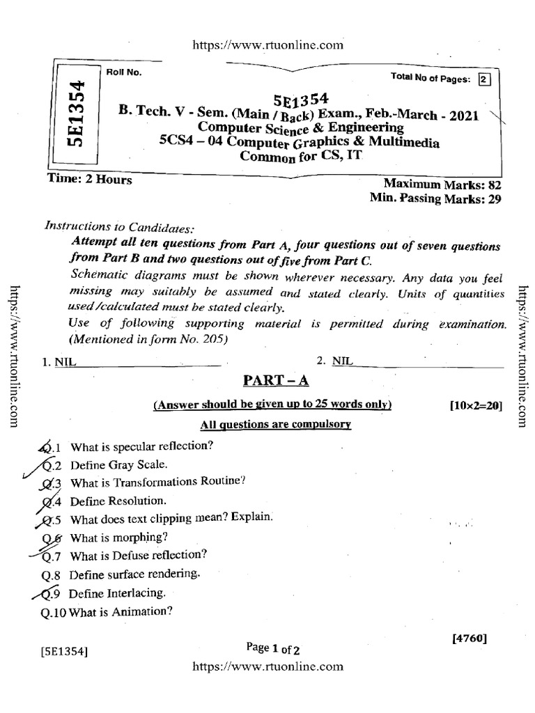 Btech Cs It 5 Sem Computer Graphics and Multimedia 5e1354 Mar 2021 | PDF