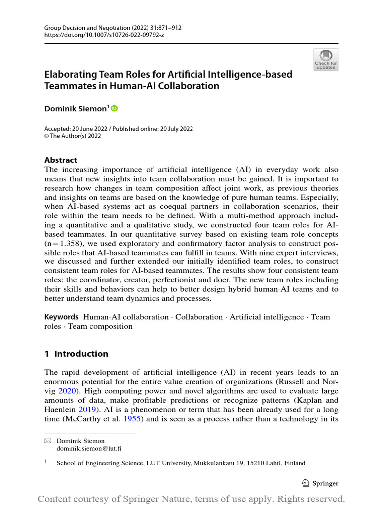 Elaborating Team Roles For Artificial Intelligence | PDF | Artificial ...