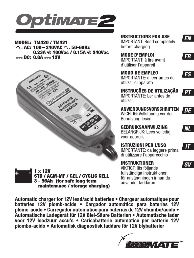 Optimate 2 Battery Charger Instructions | PDF | Battery Charger ...