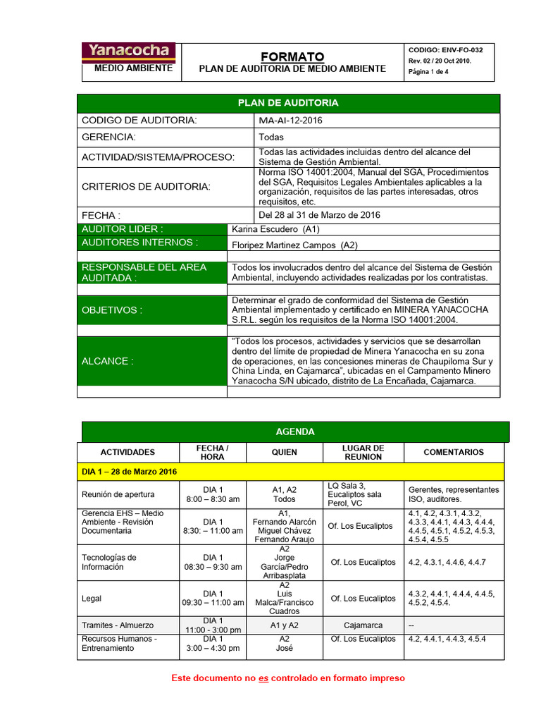 Plan Auditoria Interna ISO 14001 SGA 2016 | PDF | Auditoría | Business