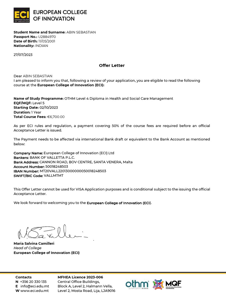 ECI Malta Offer Letter for Abin Sebastian | PDF
