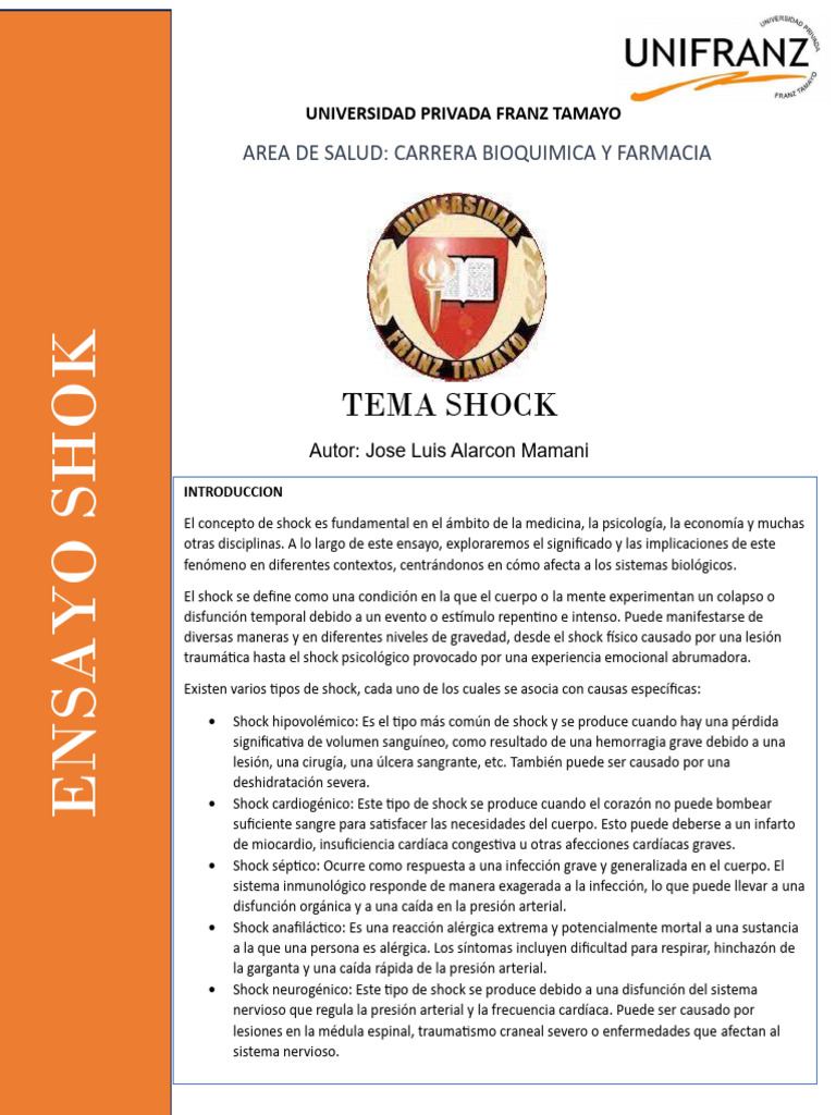 ensayo shock PDF Choque (circulatorio) Sangre