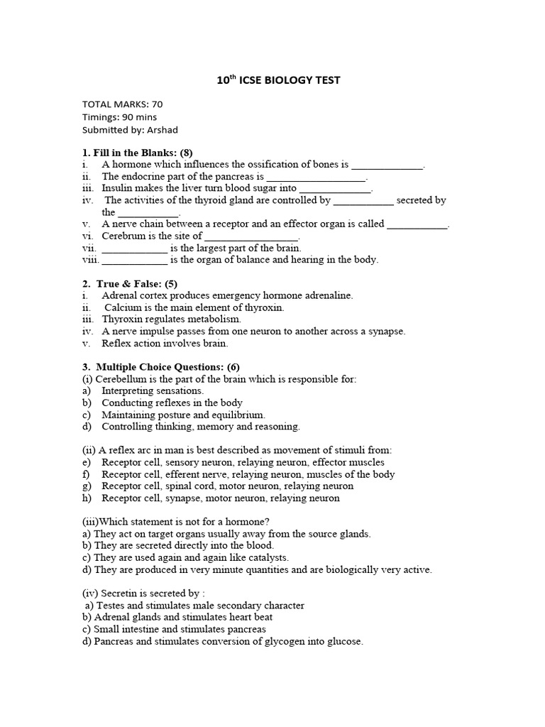 10th Isce Biology Test PDF Pancreas Hormone