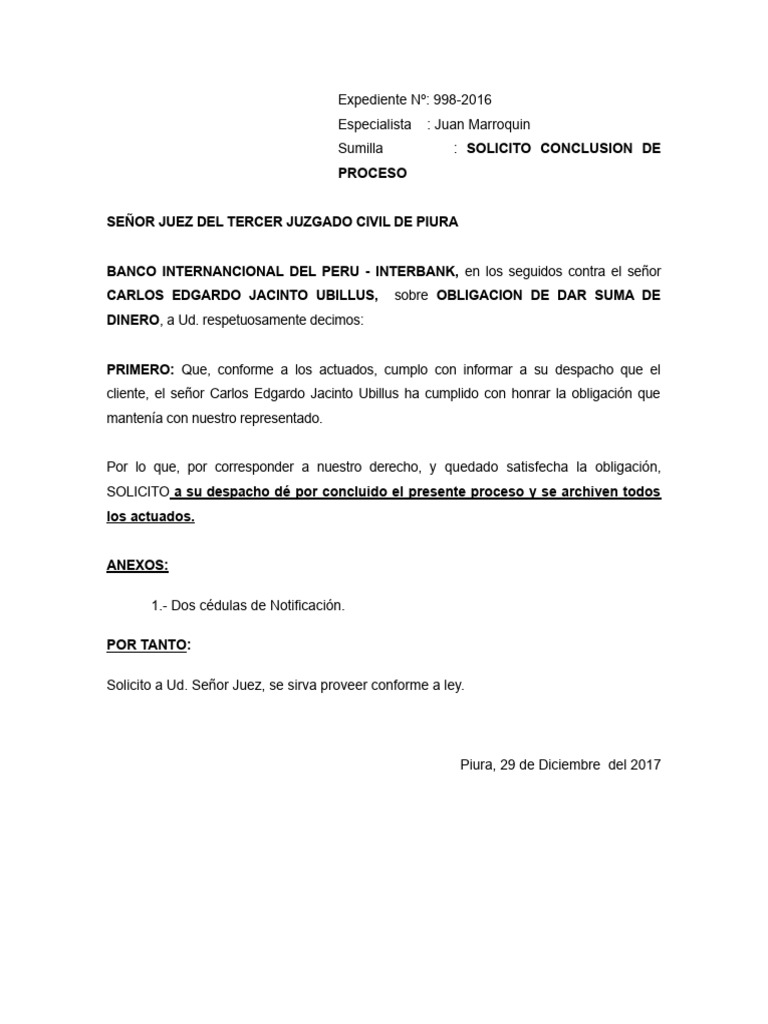 Solicito Conclusion Del Proceso Prinicpal - Jacinto Ubillus | PDF | Derecho
