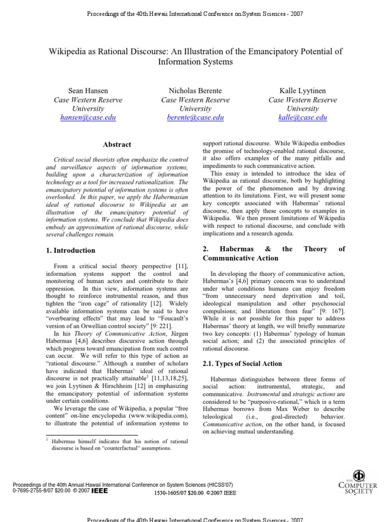 Wikipedia As Rational Discourse: An Illustration of The Emancipatory ...