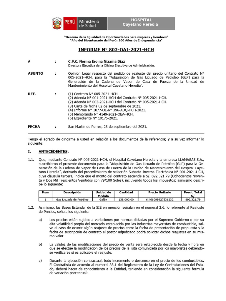 Informes Reajuste de Precios - GLP - Contrato - 005-2021-HCH - Sep ...