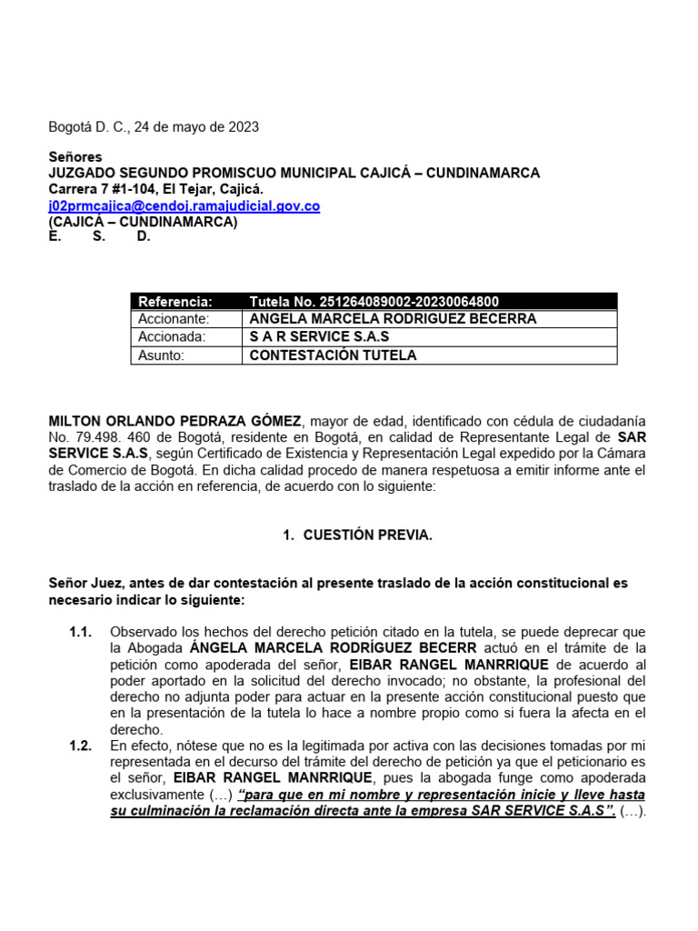 Contestación Acción de Tutela | Descargar gratis PDF | Constitución ...