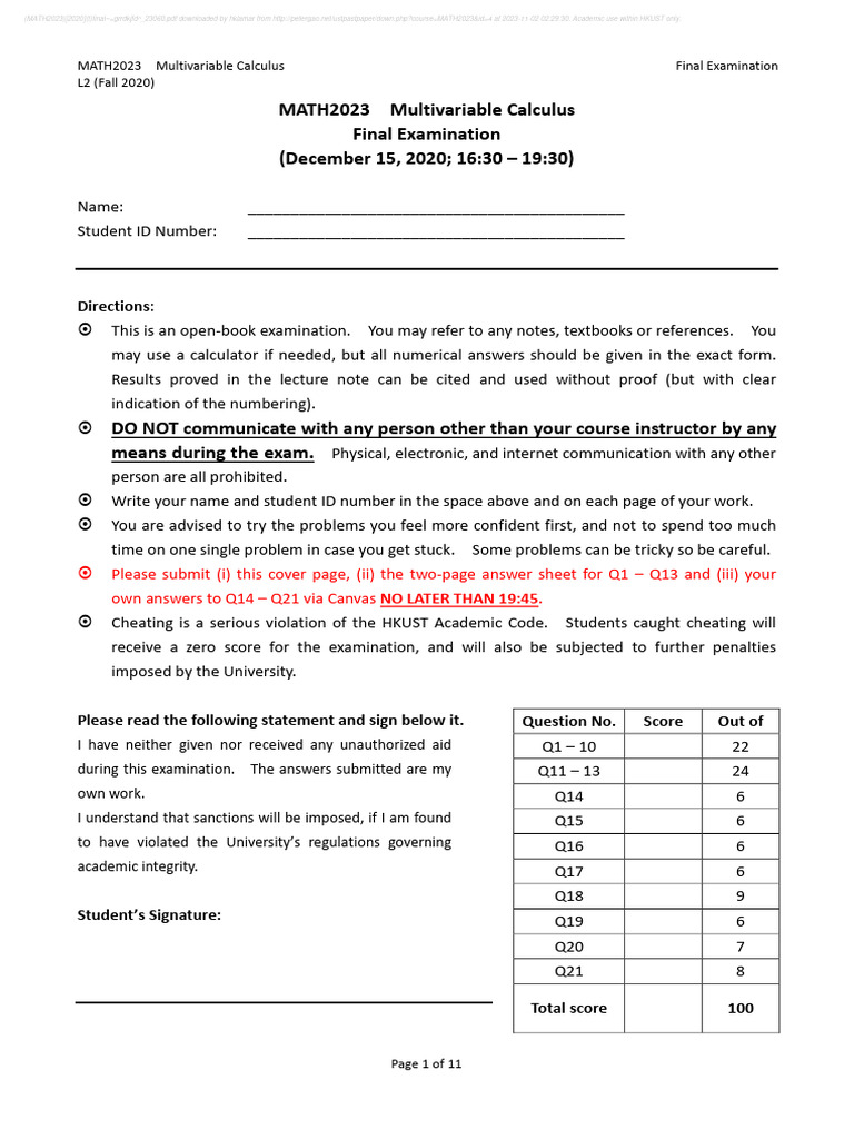 MATH2023 Final Exam Instructions | PDF | Integral | Mathematical Physics