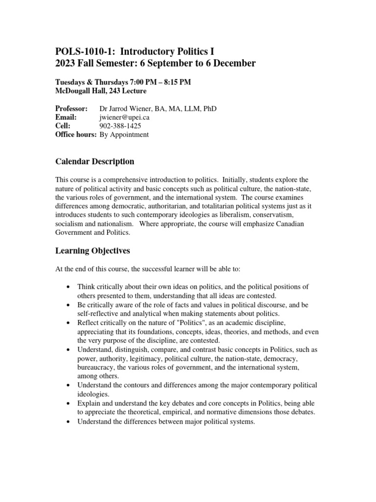 Intro to Politics Course Overview 2023 | PDF | Lecture | Cognition