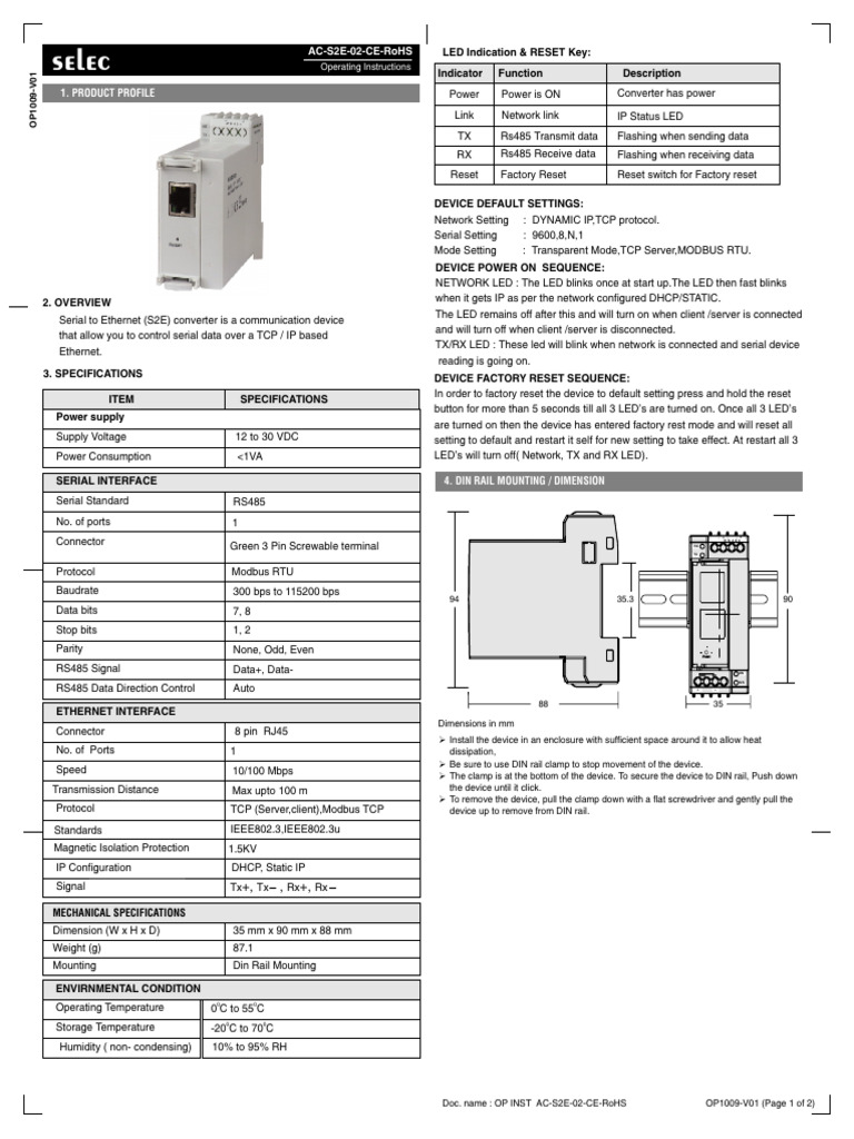S2E Converter Operating Instructions | PDF | Ip Address | Computer Network