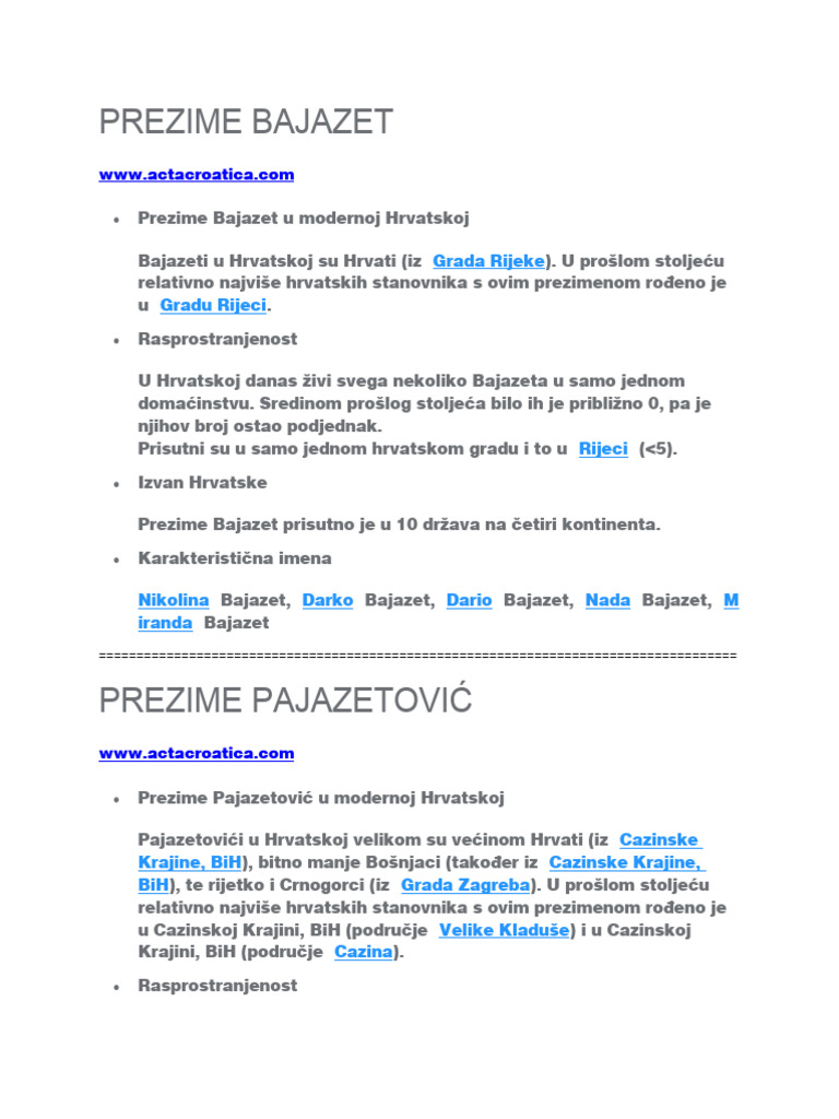 Prezime Bajazet (Bajazetov, Bajazitov, Pajaziti, Pajazetović) | PDF