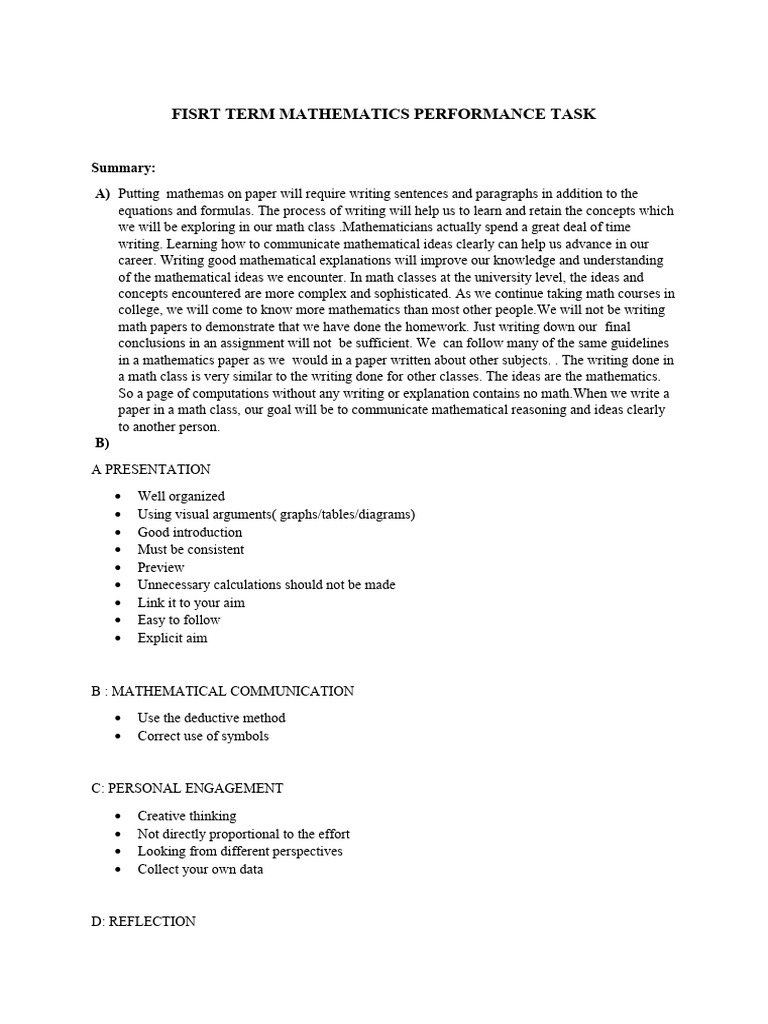 Fisrt Term Mathematics Performance Task | PDF | Mathematics | Idea