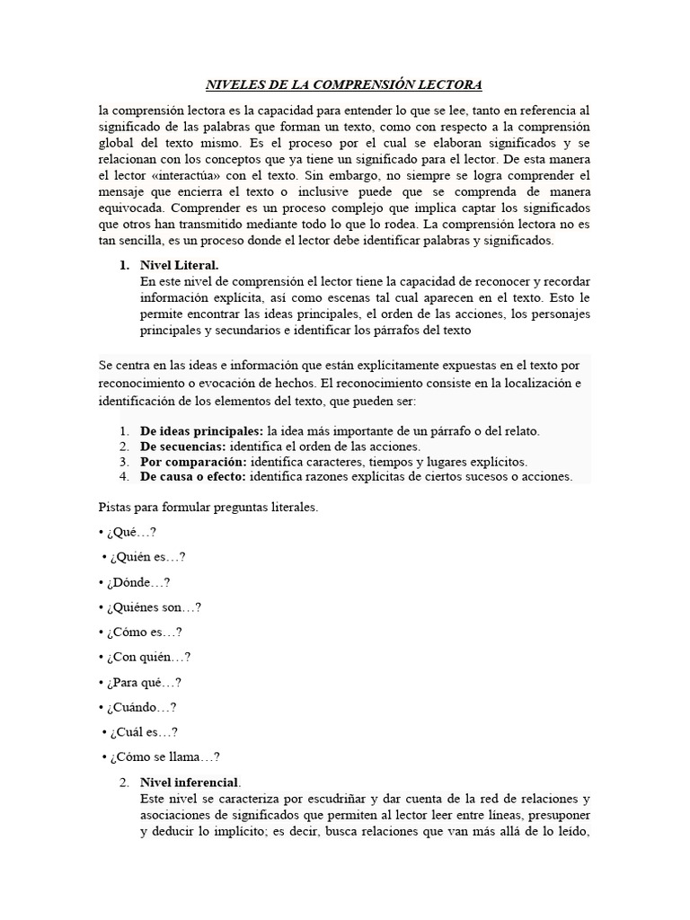 Niveles de La Comprensión Lectora | PDF | Comprensión lectora