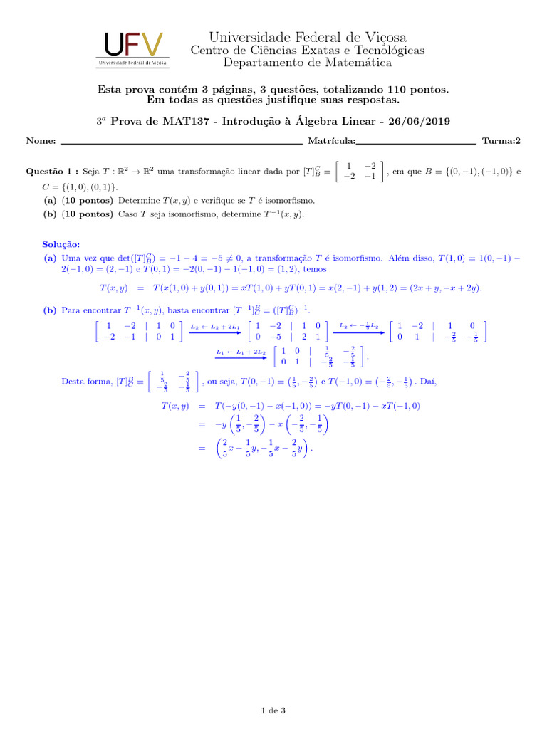 Prova de Álgebra Linear - MAT137 | PDF | Autovalores e autovetores ...