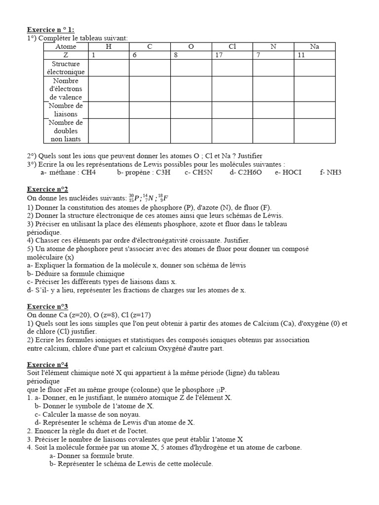 Exercices sur les Liaisons Chimiques et Lewis | PDF | Liaison chimique ...