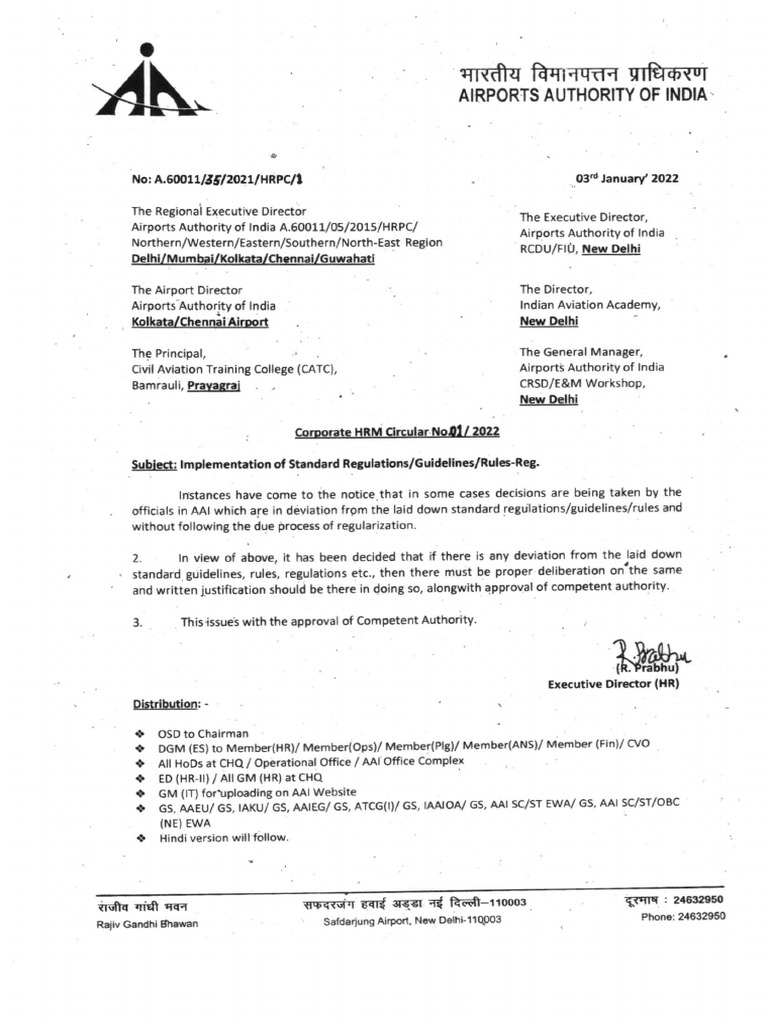 AAI HRM Circular on Standard Regulations | PDF | Civil Aviation ...