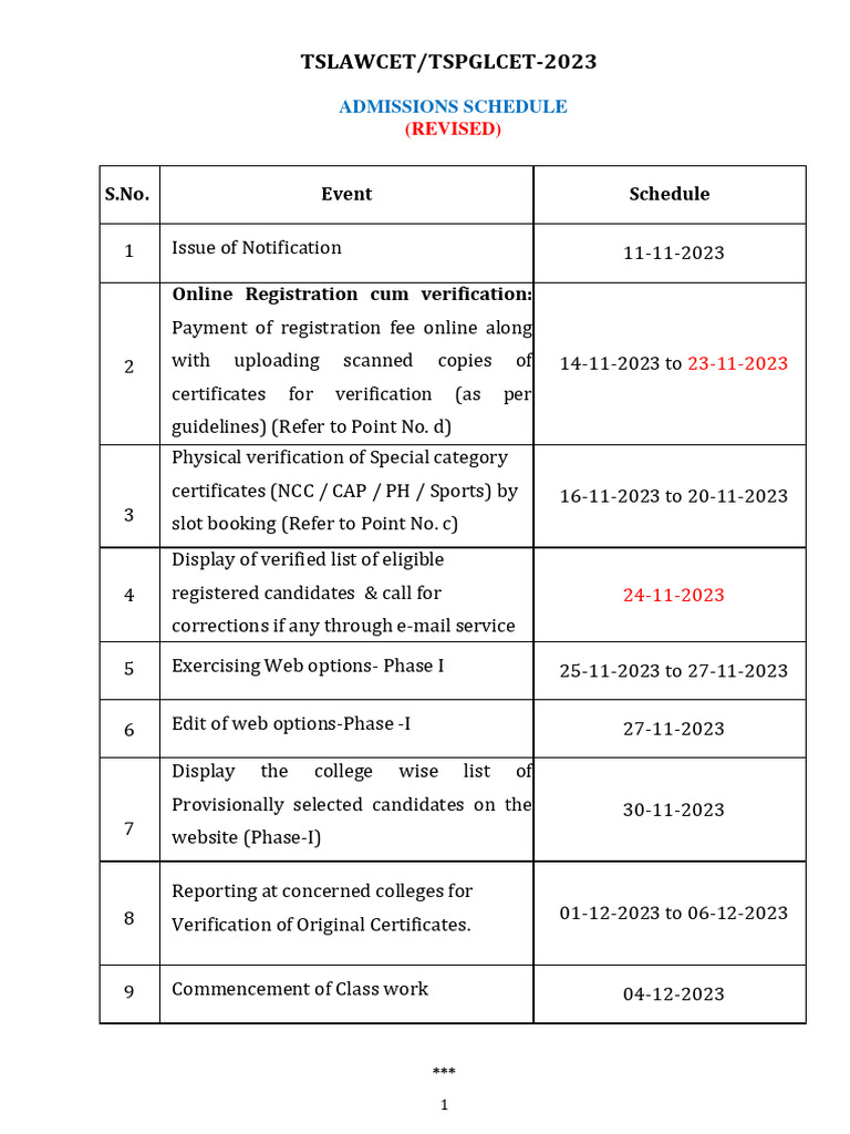 Important dates first phase schedule 1 1 pdf