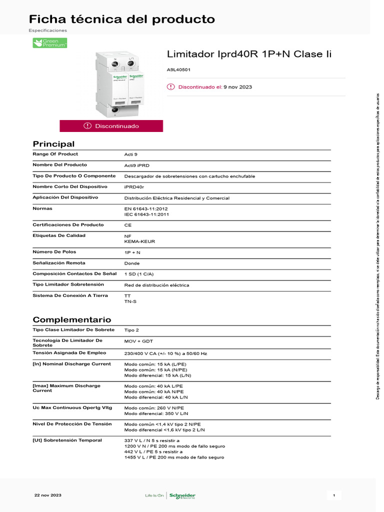 Kit Scaricatore Di Sovratensione Schneider PRD3PN40r Acti 9 40kA 3P+N - Nuovo