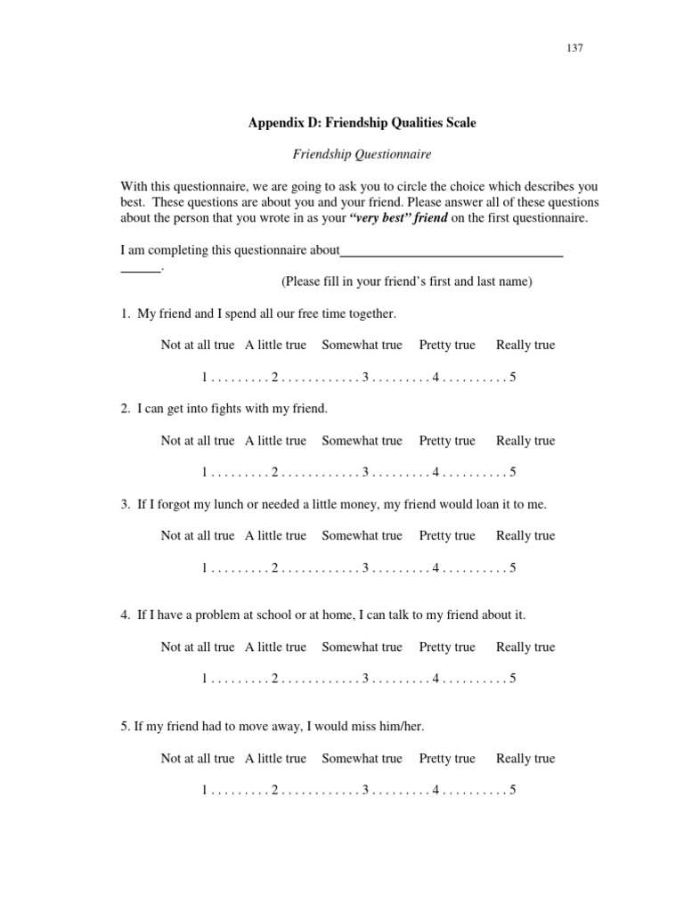 Friendship Qualities Scale Questionnaire | PDF | Games & Activities ...