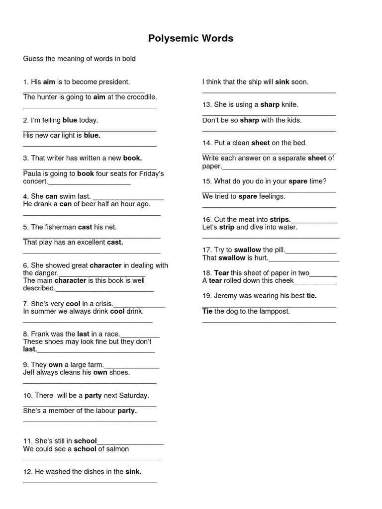 Polysemic Words and Their Meanings | PDF | Games & Activities | Home ...