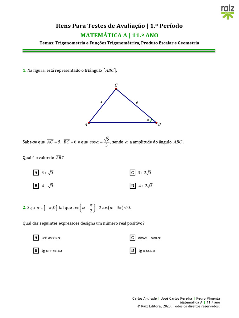 Itens para Testes de Avaliação - Matemática A - 11.º Ano - 1.º Período ...