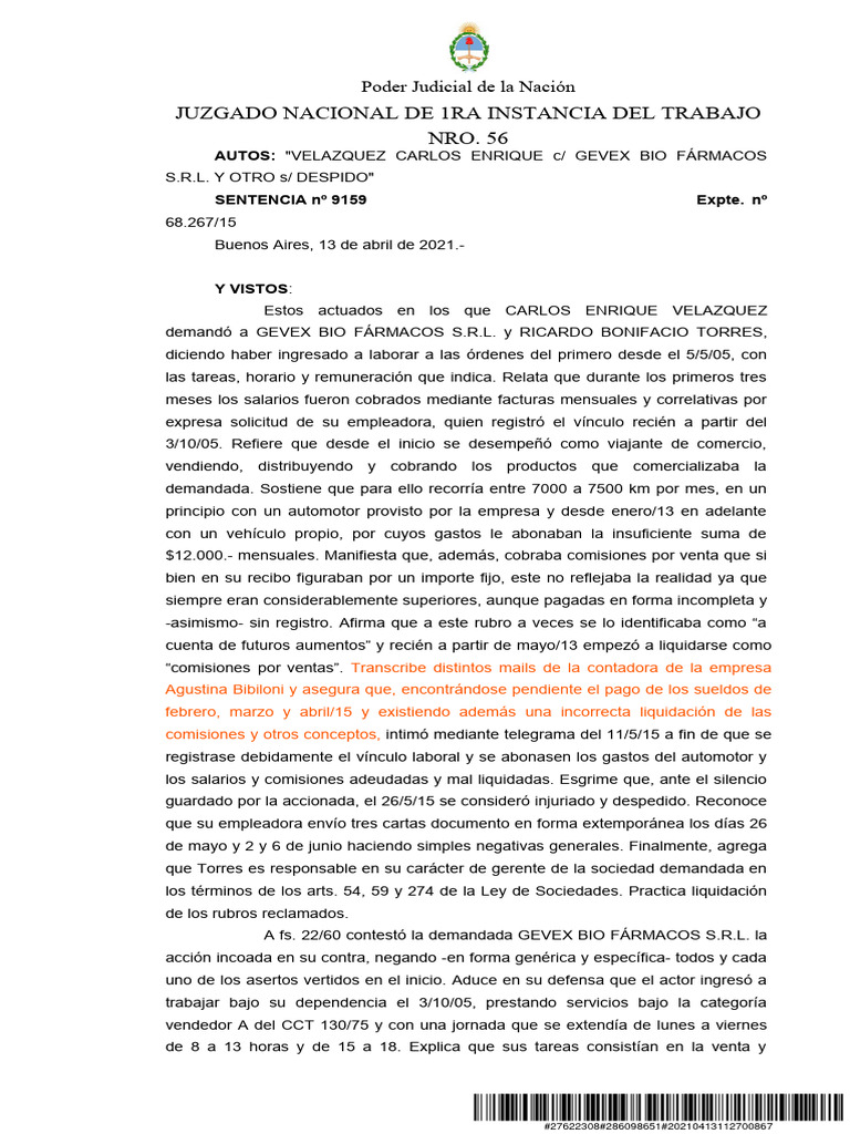 Sentencia Trabajo | PDF | Salario | Daños y perjuicios
