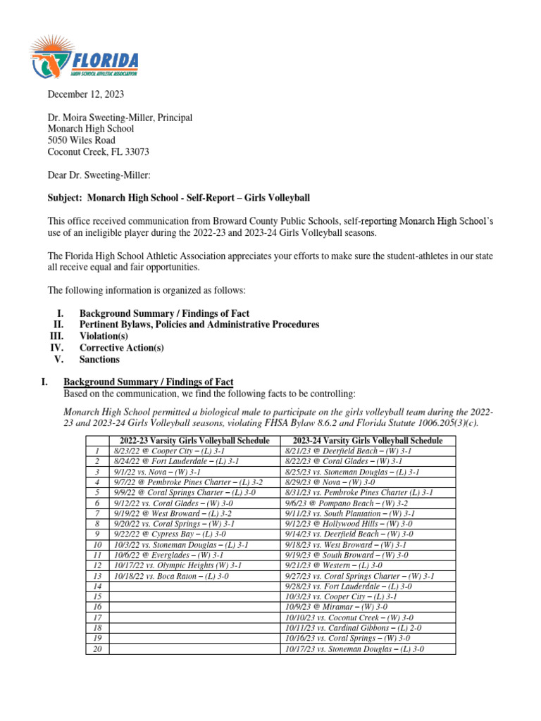 FHSAA Letter PDF The United States Justice
