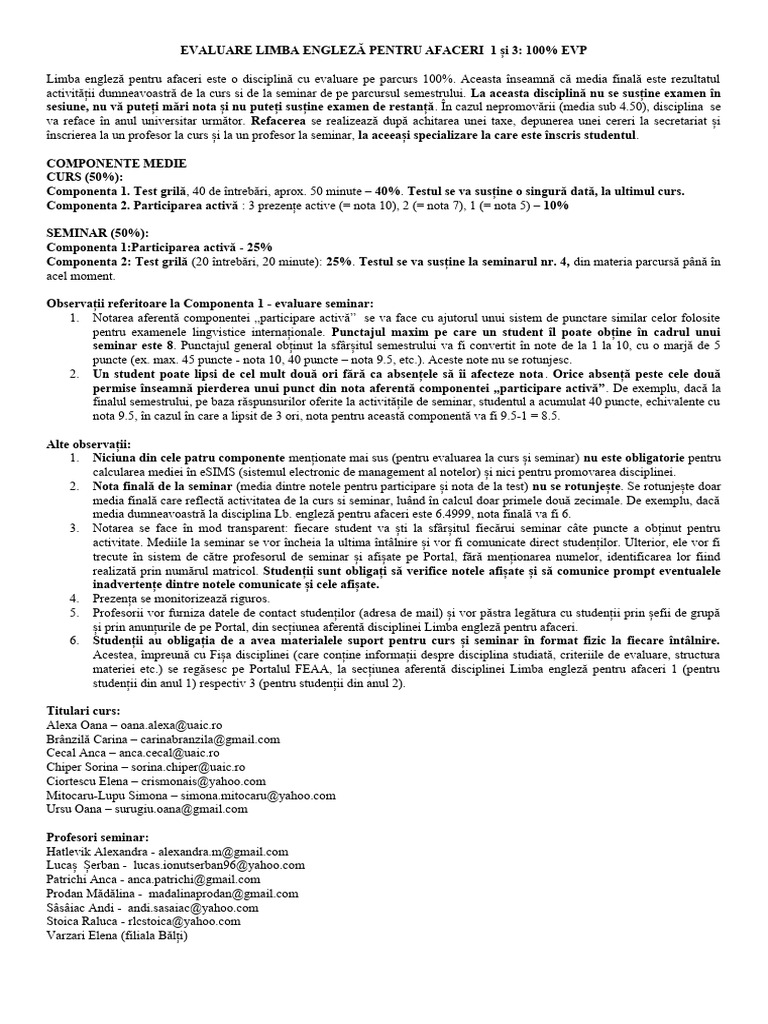 Instructiuni Evaluare Studenti Eng1&Eng3 2023 | PDF