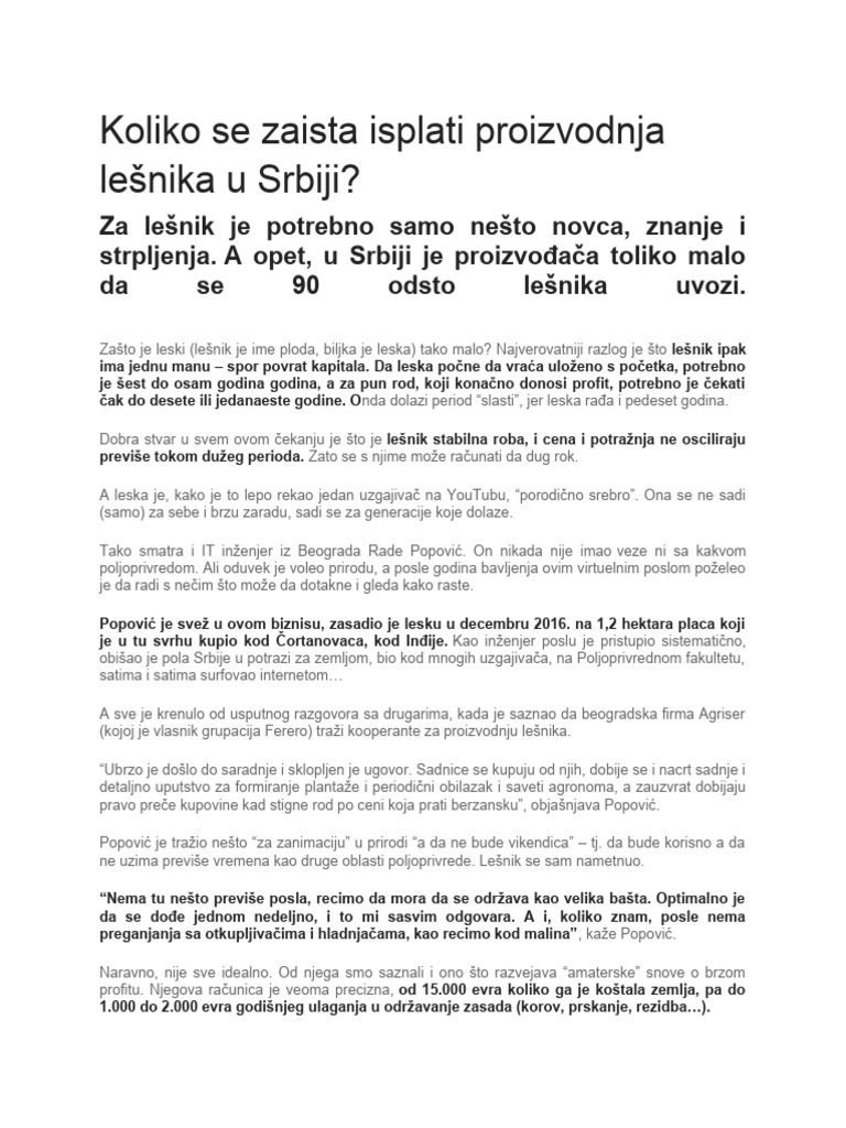 Koliko se zaista isplati proizvodnja lešnika u Srbiji PDF