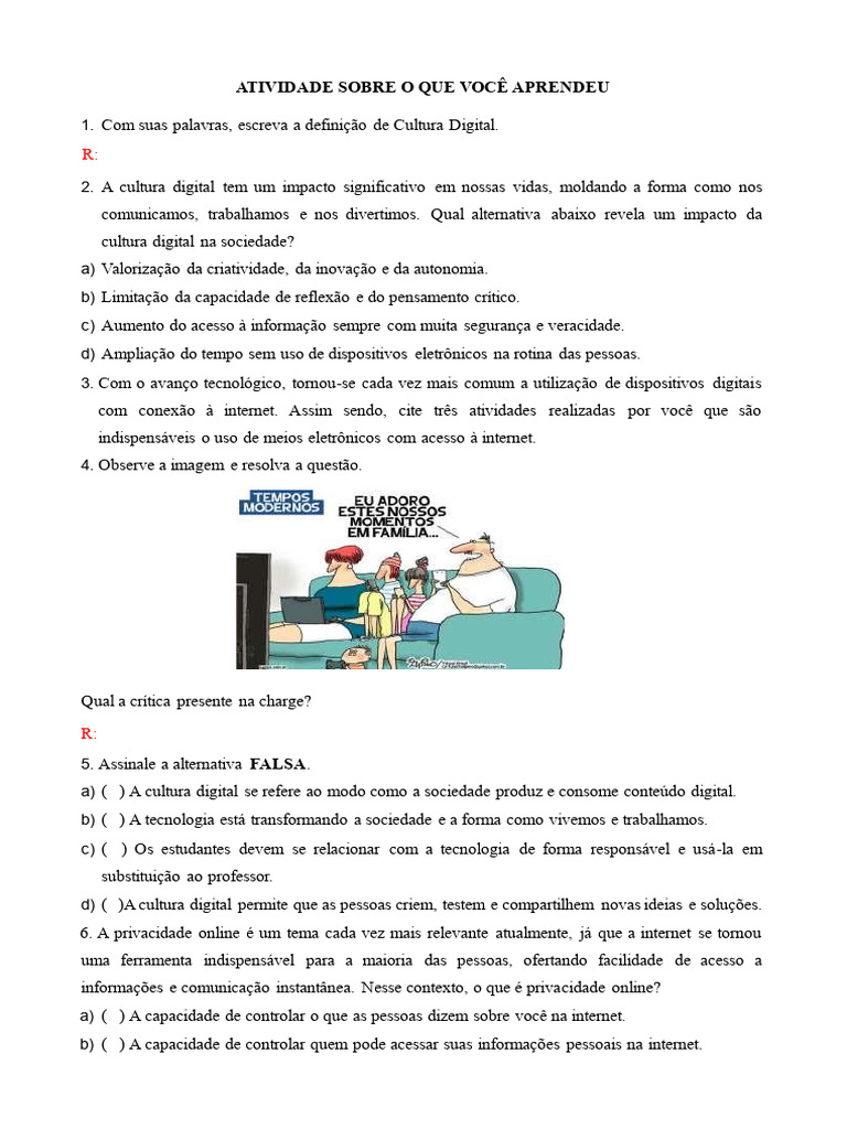 ATIVIDADE SOBRE O QUE VOCÊ APRENDEU | PDF | Internet | Tecnologia da ...