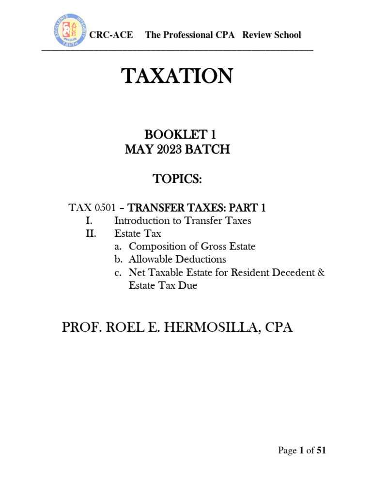 Booklet 1 Introduction To Transfer Tax Estate Tax PDF Estate Tax