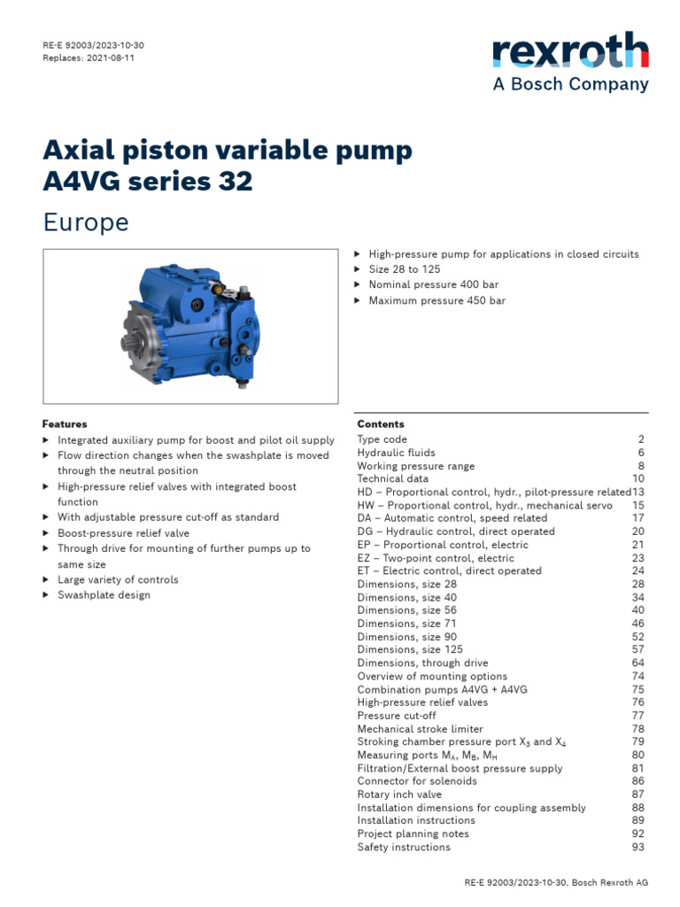 Axial Piston Variable Pump A4VG Series 32 Europe PDF Pump Valve