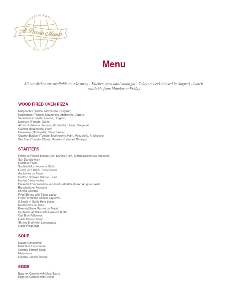Al Piccolo Mondo Menu PDF Sauce Steak