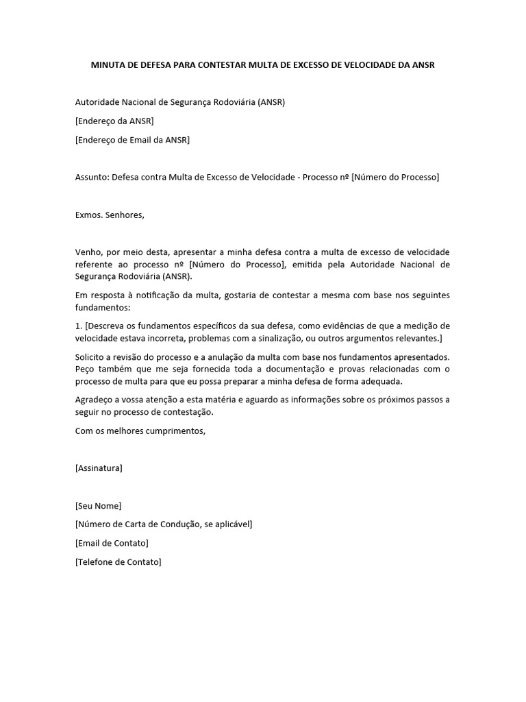 Minuta de Defesa para Contestar Multa de Excesso de Velocidade Da Ansr ...
