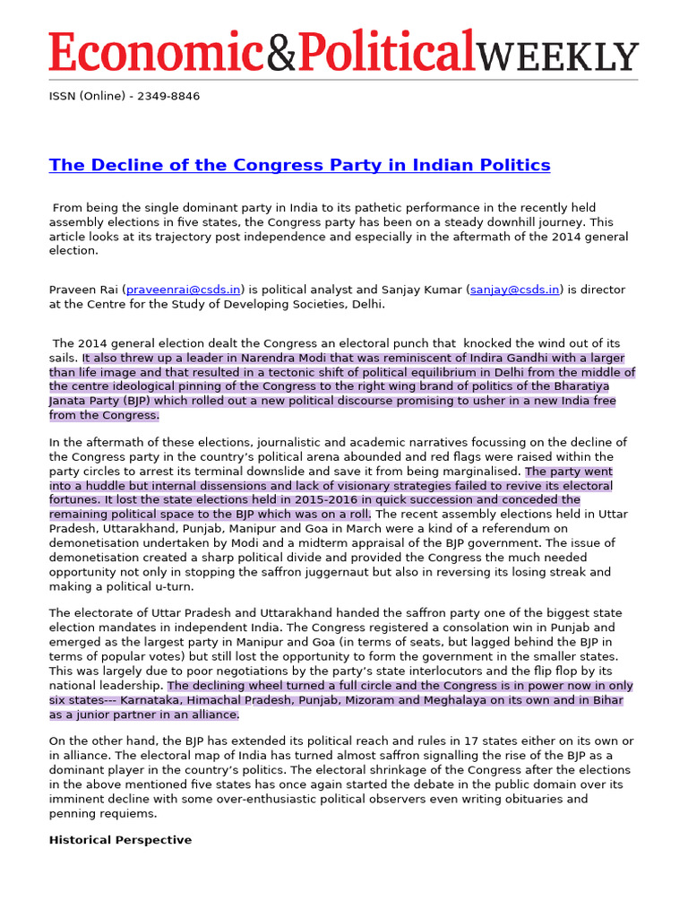 Decline of Congress Party in India | PDF | Indian National Congress ...
