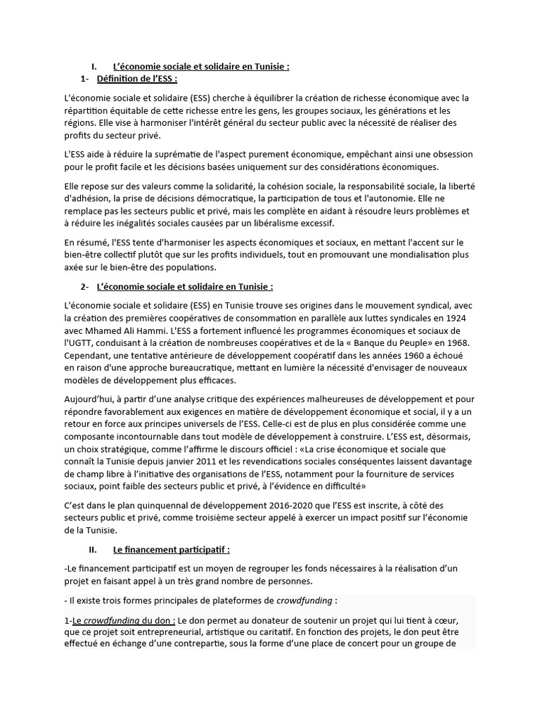 I. L'économie Sociale Et Solidaire en Tunisie: 1-Définition de l'ESS ...