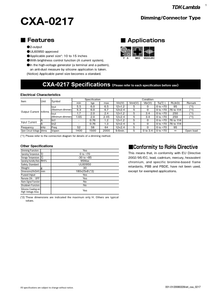 Cxa-0217 Pcu-P027a Backlight Inverter TDK Datasheet | PDF