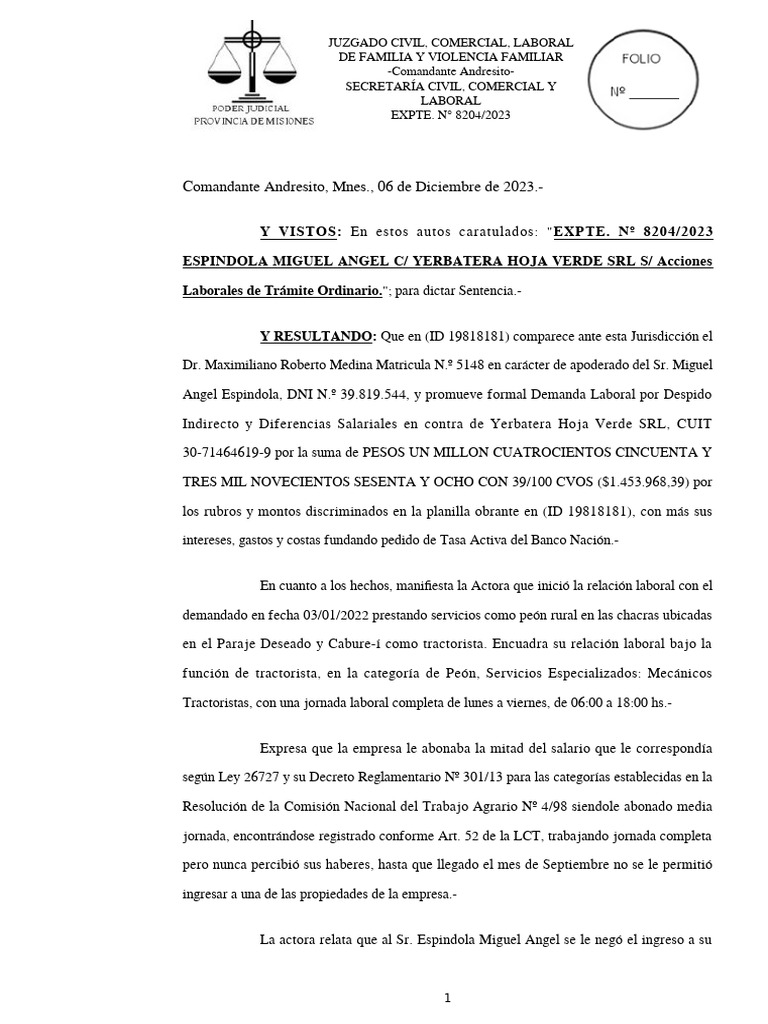 Expte 8204-2023 SENTENCIA LAB. | PDF | Testimonio | Salario