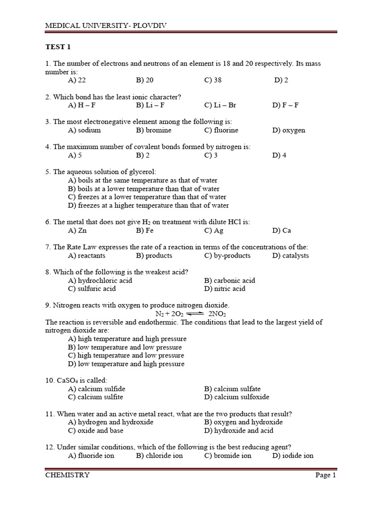 Chemistry Test Questions for Medical Students | PDF | Acid | Hydroxide