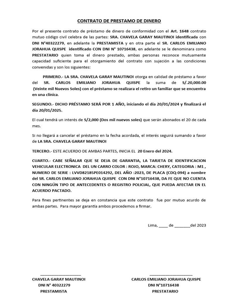 Contrato de Préstamo de Dinero | PDF | Finanzas y dinero | Ciencias ...