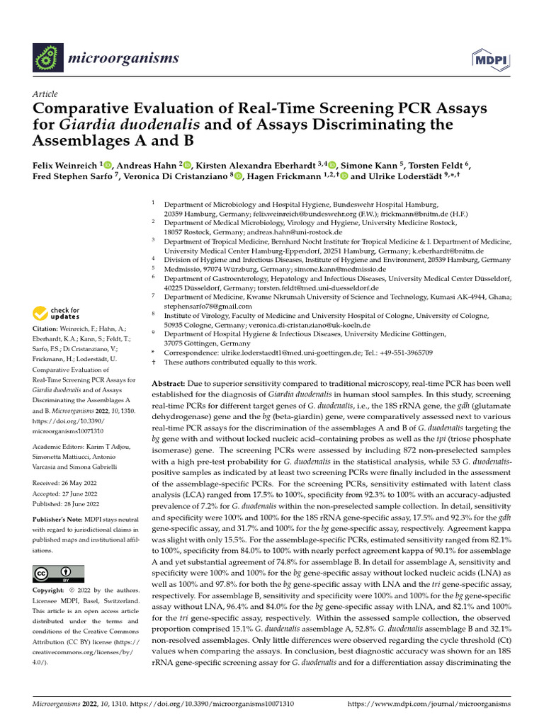 Comparative Evaluation of Real-Time Screening PCR Assays For Giardia ...