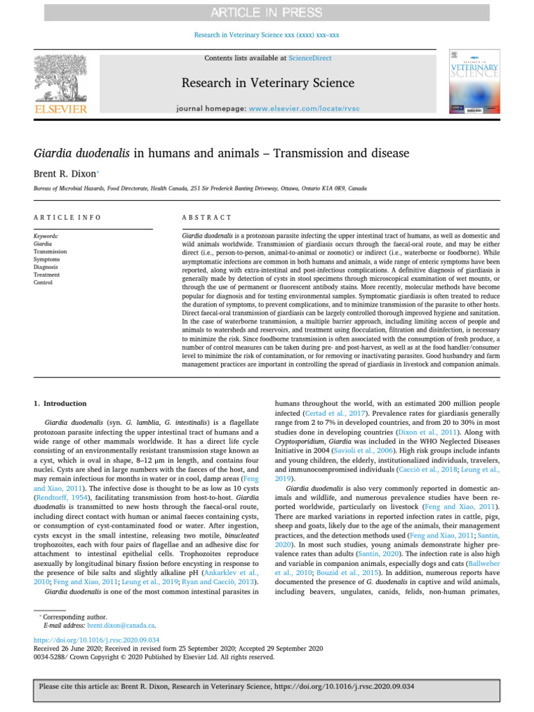Giardia Duodenalis in Humans and Animals - Transmission and Disease ...