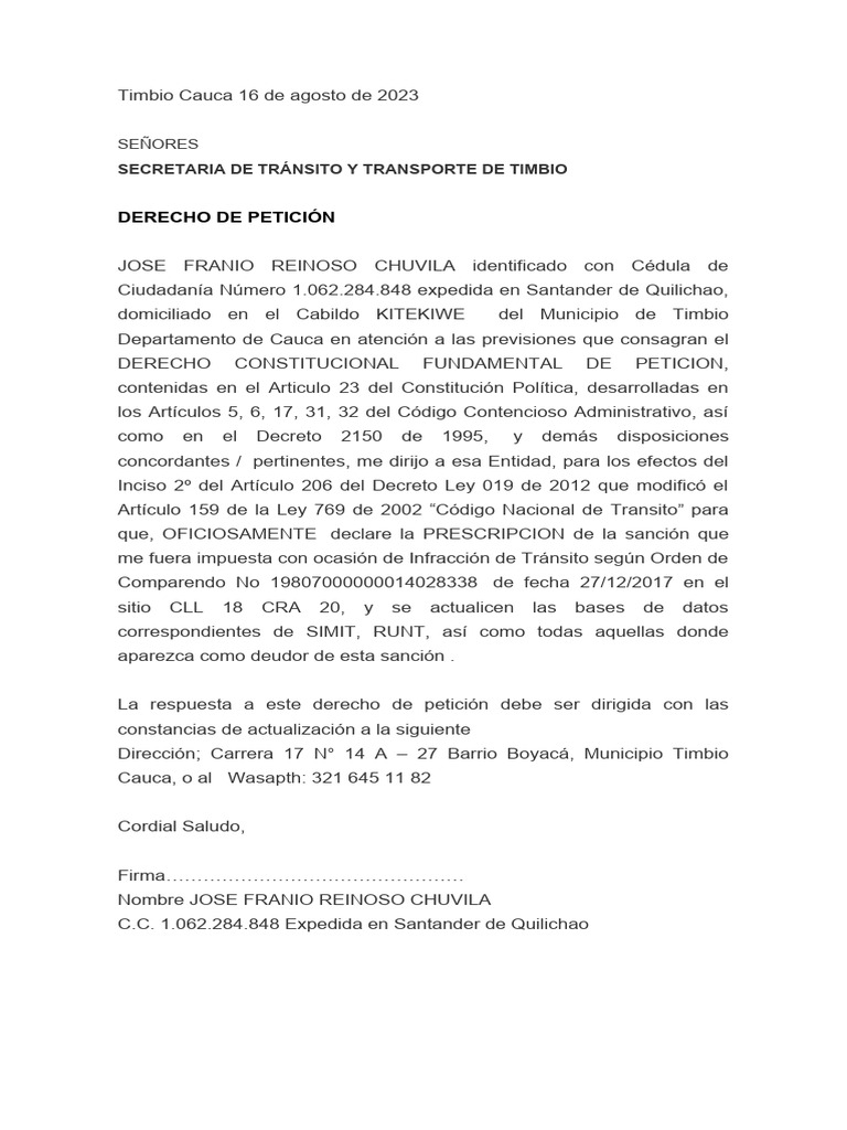 Modelo de Prescripcion de Multa de Transito | PDF