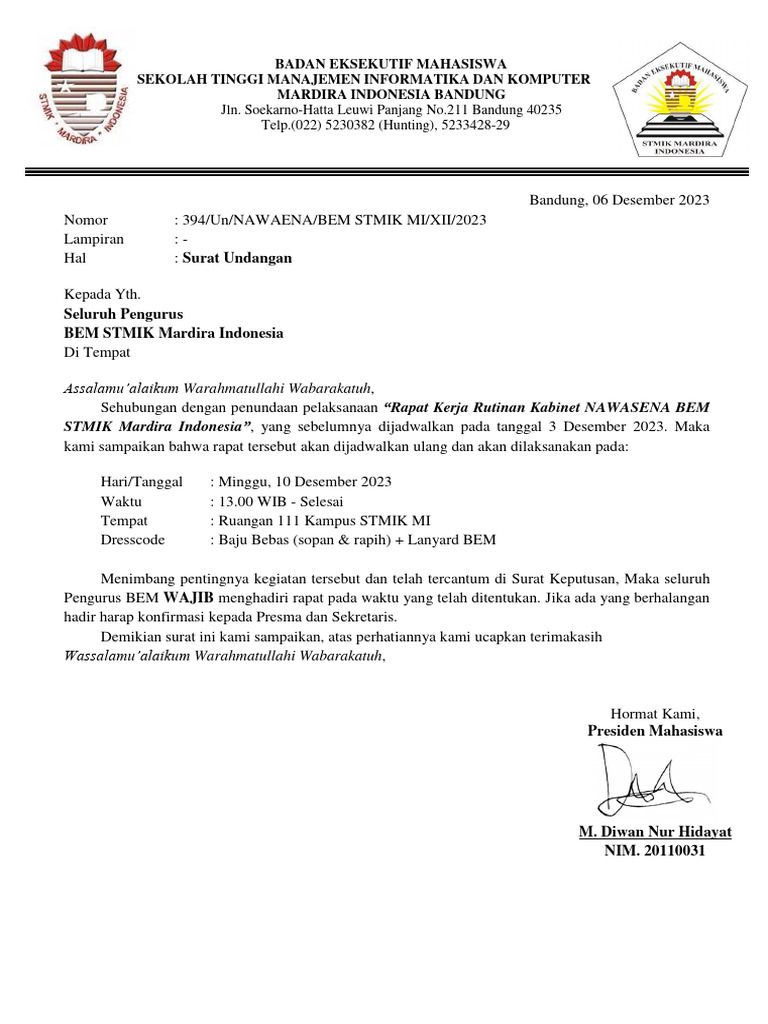 Undangan Rapat Kerja BEM STMIK MI | PDF
