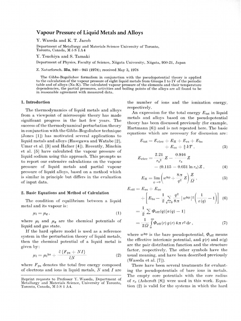 Vapour Pressure of Liquid Metals and Alloys | PDF | Liquids | Energy Level
