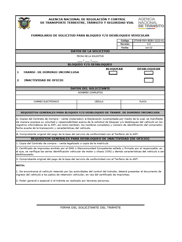 Solicitud de Bloqueo y Desbloqueo Vehicular | PDF