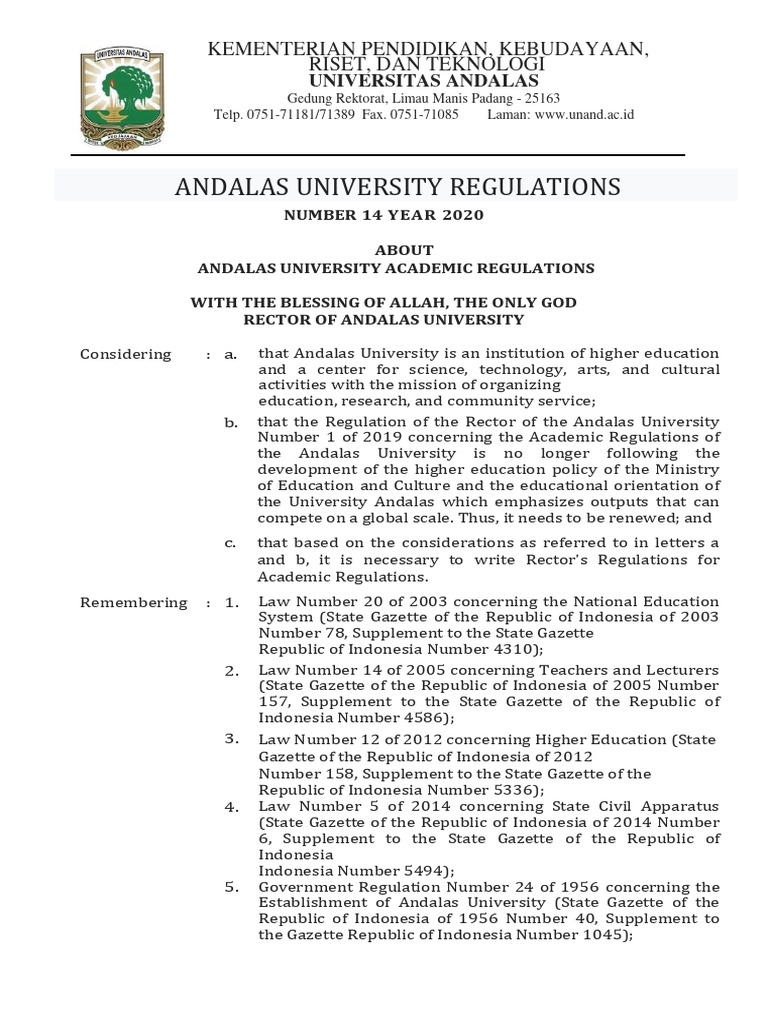 Andalas University Academic Regulations 2020 | PDF | Course Credit | Thesis